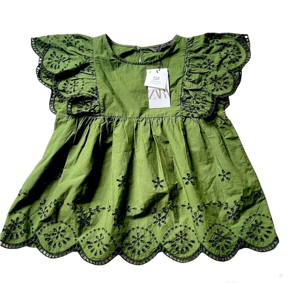 Zara green short sleeve embroidered top blouse XS NWT
